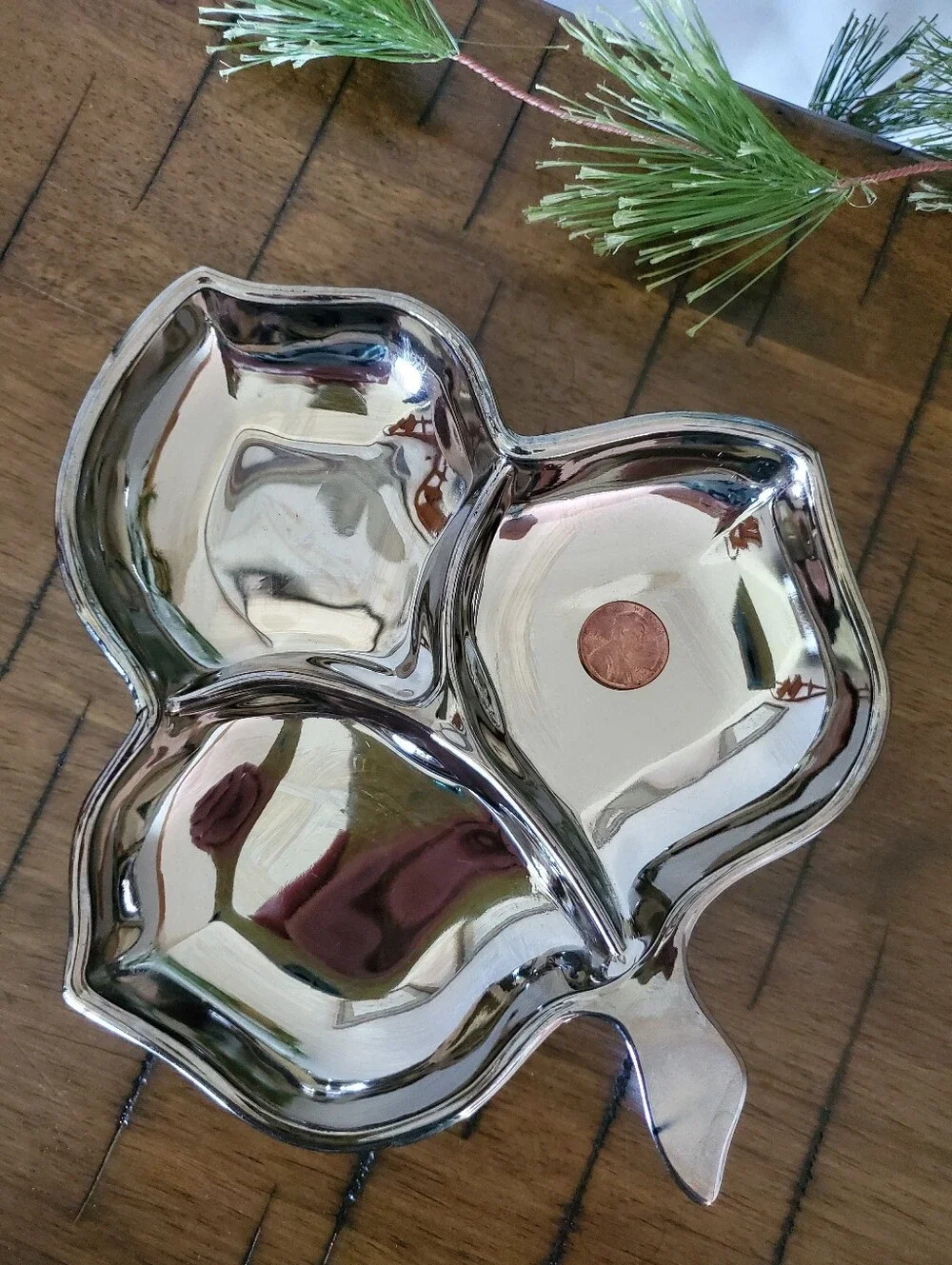 Vintage MCM Mercury Glass Divided Maple Leaf Dish Silver Lusterware